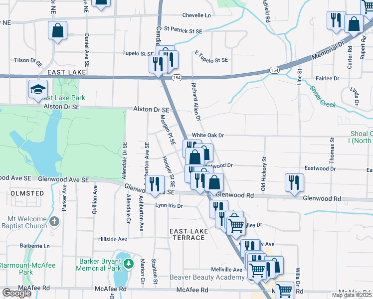map of restaurants, bars, coffee shops, grocery stores, and more near 1683 Candler Road in Decatur