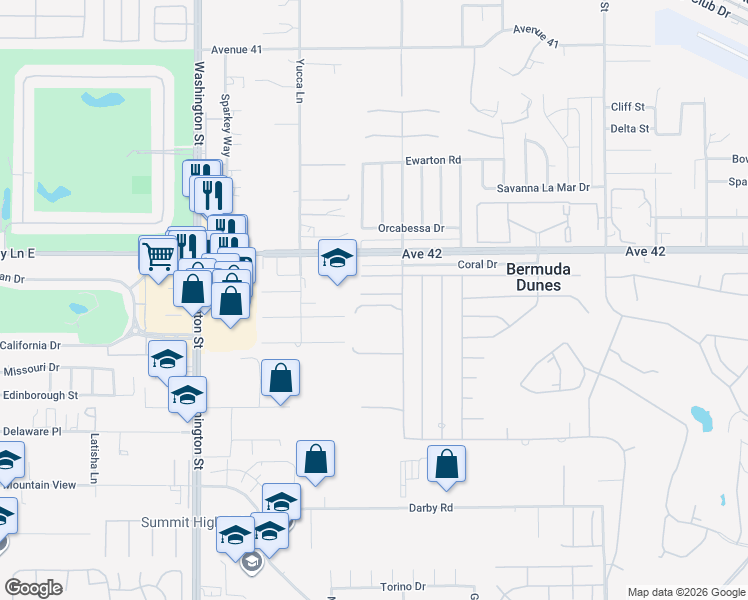 map of restaurants, bars, coffee shops, grocery stores, and more near 78421 Hope Bay Road in Bermuda Dunes