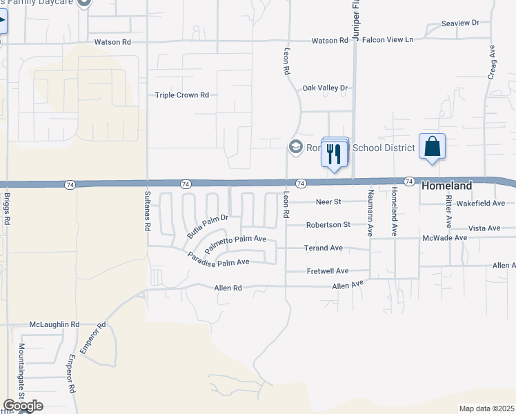 map of restaurants, bars, coffee shops, grocery stores, and more near 26090 Ivory Palm Drive in Homeland