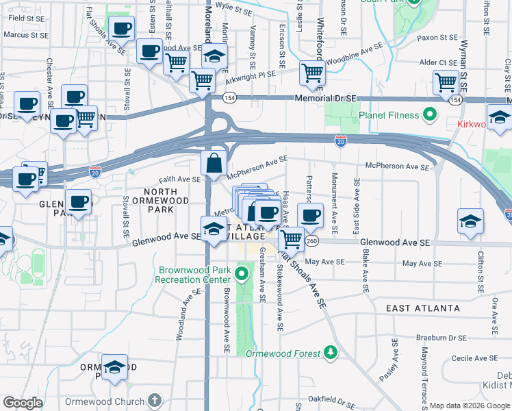 map of restaurants, bars, coffee shops, grocery stores, and more near 1260 Metropolitan Avenue Southeast in Atlanta