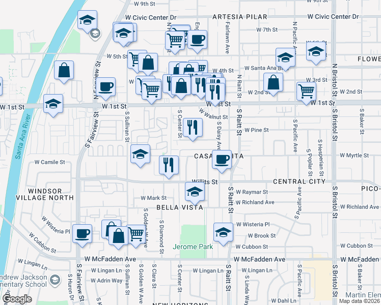 map of restaurants, bars, coffee shops, grocery stores, and more near 2102 West Chestnut Avenue in Santa Ana
