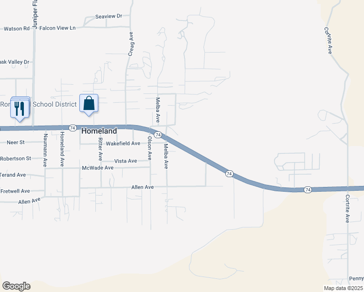 map of restaurants, bars, coffee shops, grocery stores, and more near California 74 in Homeland