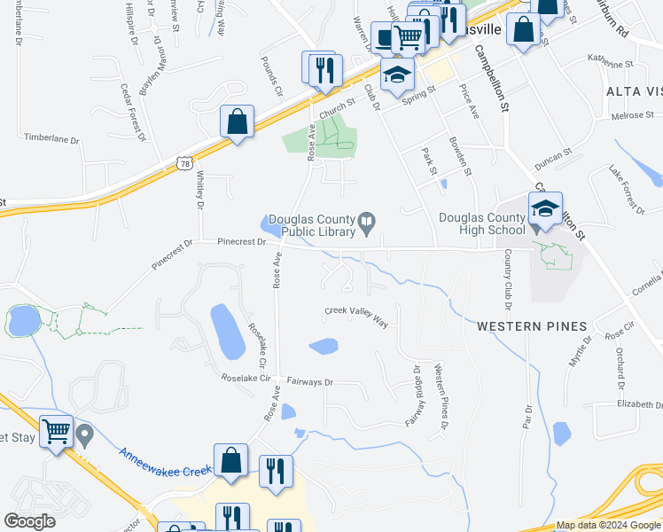 map of restaurants, bars, coffee shops, grocery stores, and more near 8806 Ridgemoore Court in Douglasville