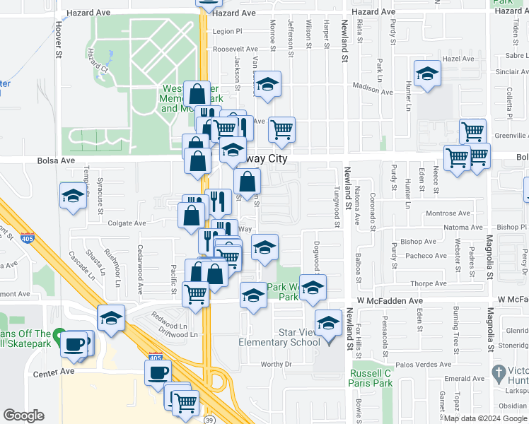 map of restaurants, bars, coffee shops, grocery stores, and more near 8200 Bolsa Avenue in Midway City