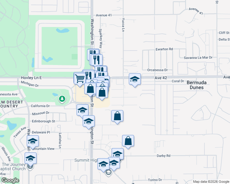map of restaurants, bars, coffee shops, grocery stores, and more near 78179 Sombrero Court in Bermuda Dunes