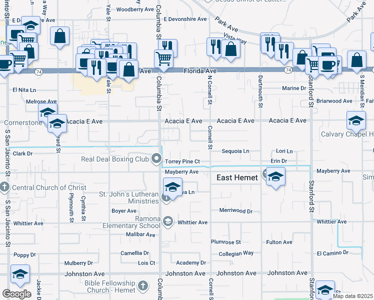 map of restaurants, bars, coffee shops, grocery stores, and more near 26181 Lodgepole Court in Hemet