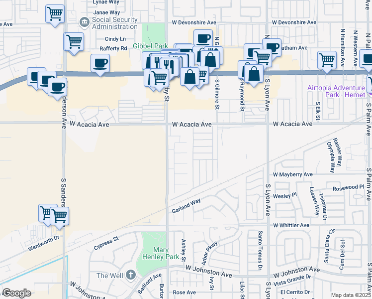 map of restaurants, bars, coffee shops, grocery stores, and more near 2372 Palmdale Circle in Hemet