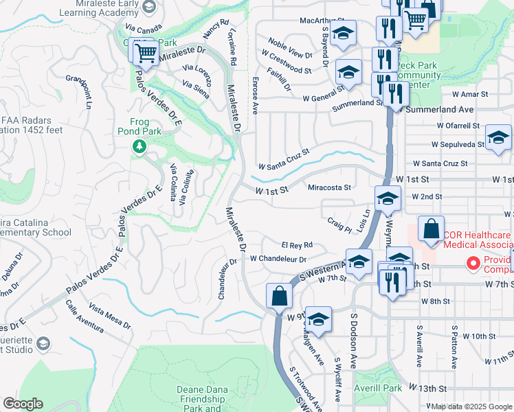 map of restaurants, bars, coffee shops, grocery stores, and more near 302 Miraleste Drive in Los Angeles