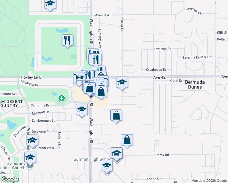 map of restaurants, bars, coffee shops, grocery stores, and more near 78179 Sombrero Court in Bermuda Dunes