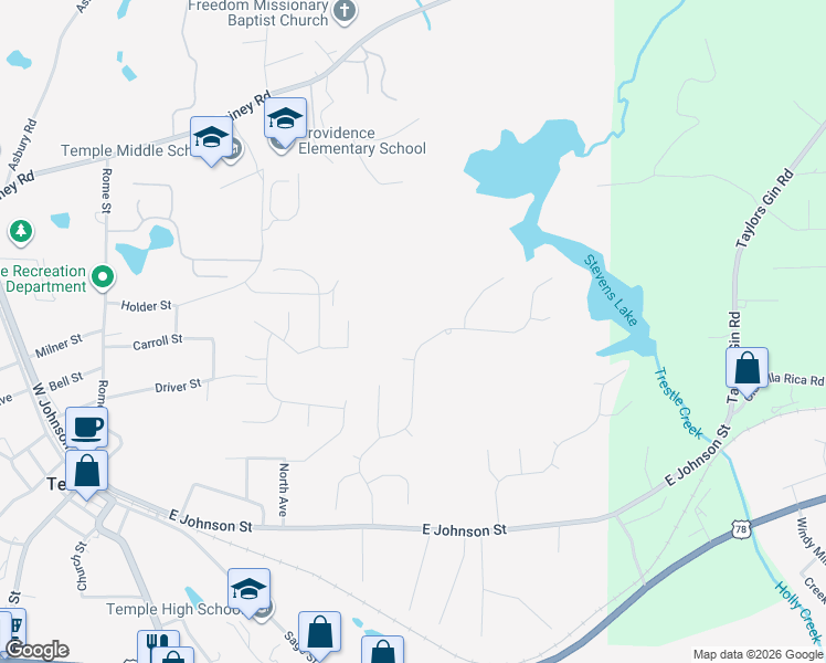 map of restaurants, bars, coffee shops, grocery stores, and more near 200 Ivey Lake Parkway in Temple