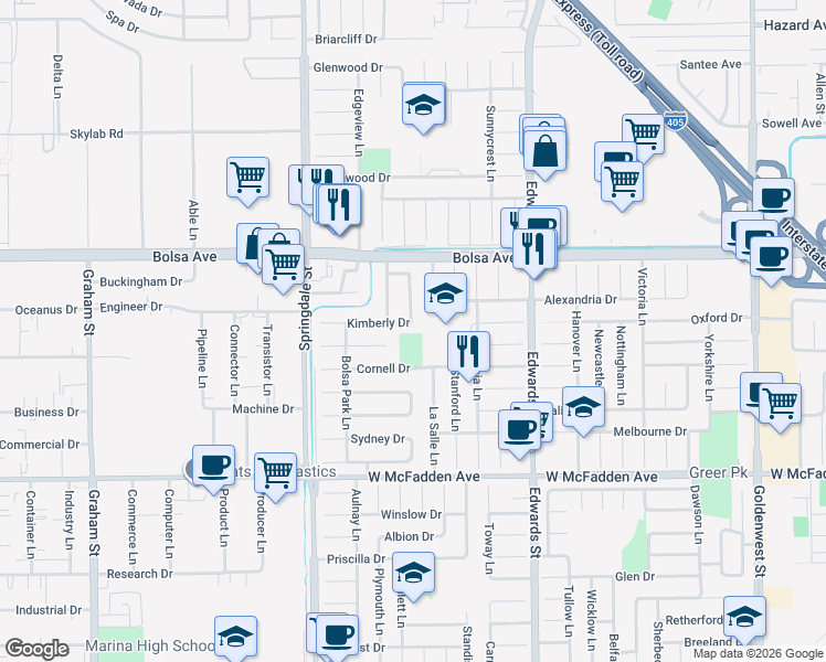 map of restaurants, bars, coffee shops, grocery stores, and more near 6232 Kimberly Drive in Huntington Beach