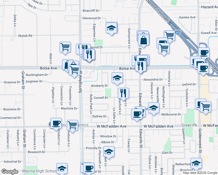 map of restaurants, bars, coffee shops, grocery stores, and more near 6232 Kimberly Drive in Huntington Beach