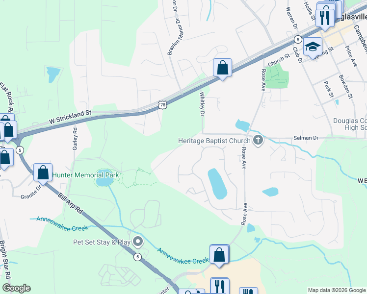 map of restaurants, bars, coffee shops, grocery stores, and more near 7190 Pinecrest Drive in Douglasville