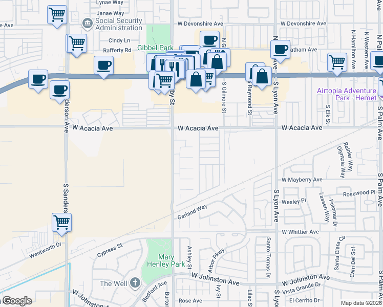 map of restaurants, bars, coffee shops, grocery stores, and more near 2372 Palmdale Circle in Hemet