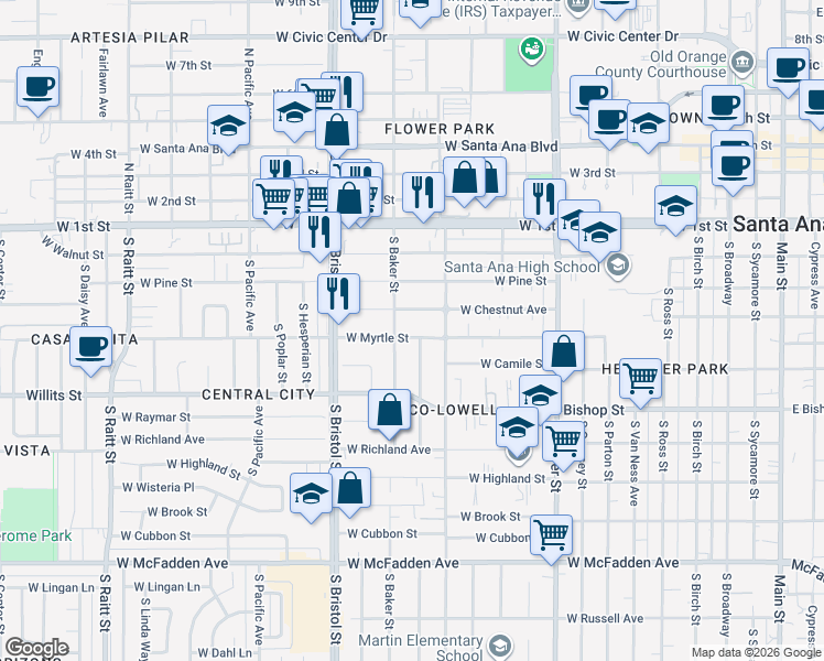 map of restaurants, bars, coffee shops, grocery stores, and more near 1128 West Chestnut Avenue in Santa Ana