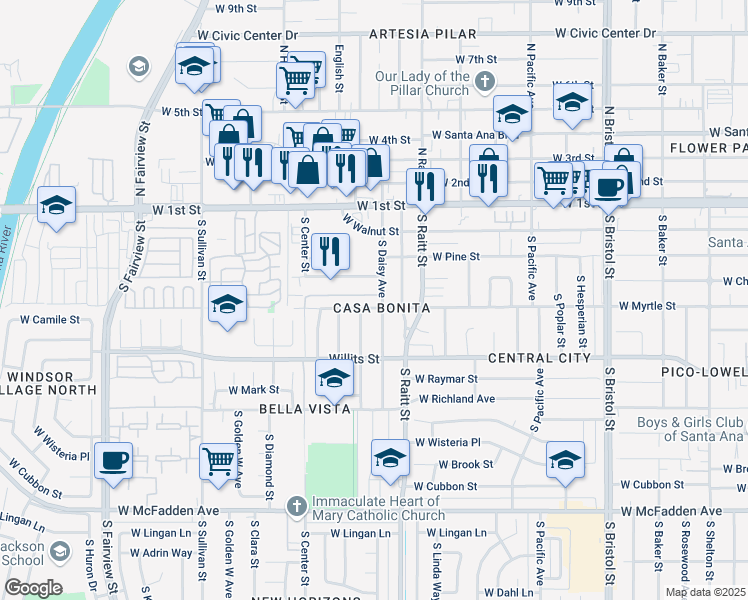 map of restaurants, bars, coffee shops, grocery stores, and more near 1918 West Chestnut Avenue in Santa Ana