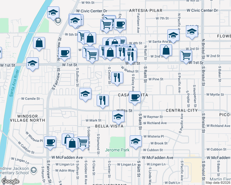 map of restaurants, bars, coffee shops, grocery stores, and more near 2102 West Chestnut Avenue in Santa Ana