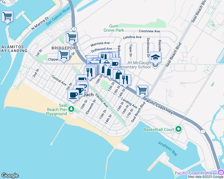 map of restaurants, bars, coffee shops, grocery stores, and more near 357 12th Street in Seal Beach