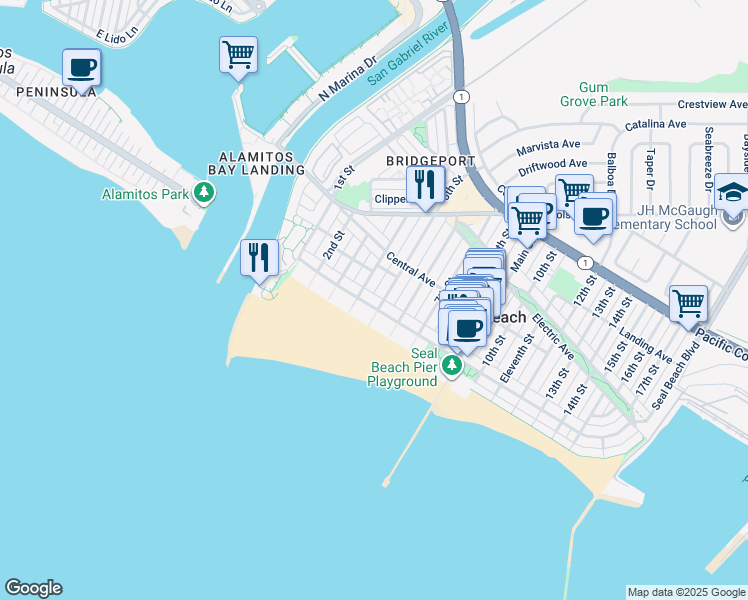 map of restaurants, bars, coffee shops, grocery stores, and more near 114 4th Street in Seal Beach