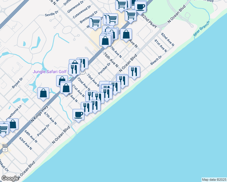 map of restaurants, bars, coffee shops, grocery stores, and more near 208 74th Avenue North in Myrtle Beach