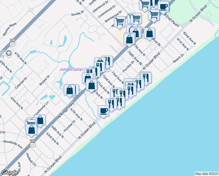 map of restaurants, bars, coffee shops, grocery stores, and more near 712 Saw Grass Villas in Myrtle Beach