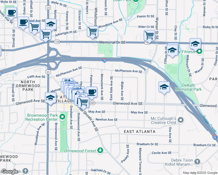 map of restaurants, bars, coffee shops, grocery stores, and more near 1443 Metropolitan Avenue Southeast in Atlanta