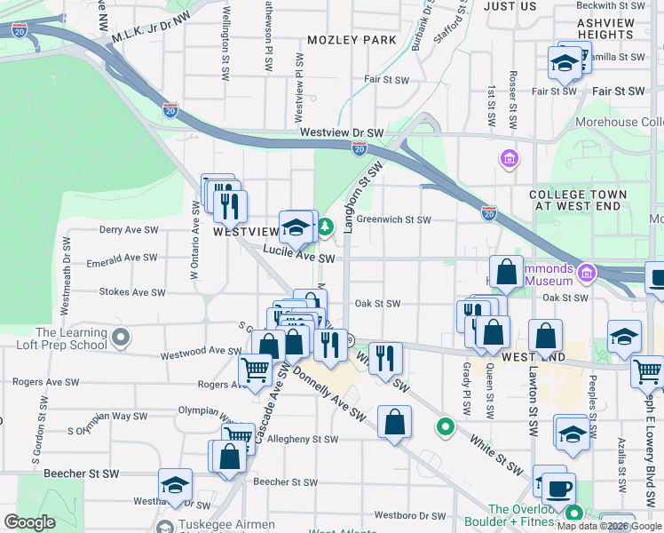map of restaurants, bars, coffee shops, grocery stores, and more near 1393 Lucile Avenue Southwest in Atlanta