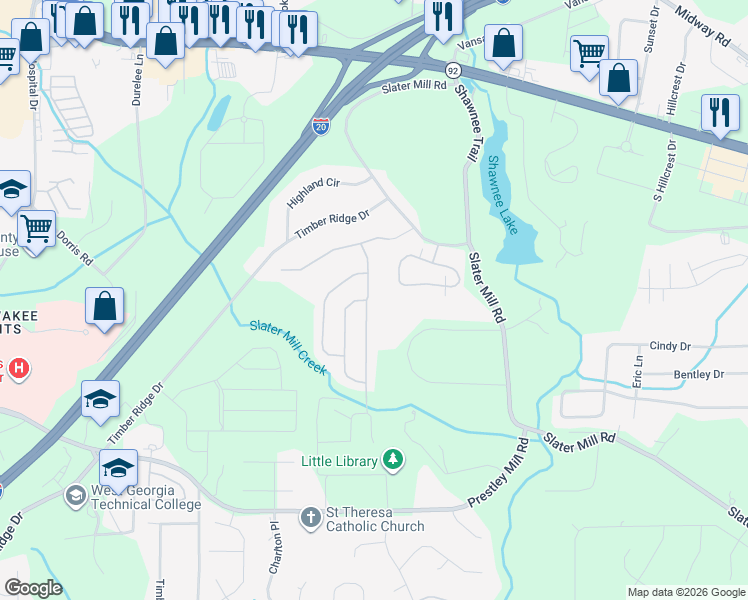 map of restaurants, bars, coffee shops, grocery stores, and more near 8728 Hamil Court in Douglasville