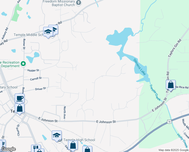map of restaurants, bars, coffee shops, grocery stores, and more near 200 Ivey Lake Parkway in Temple