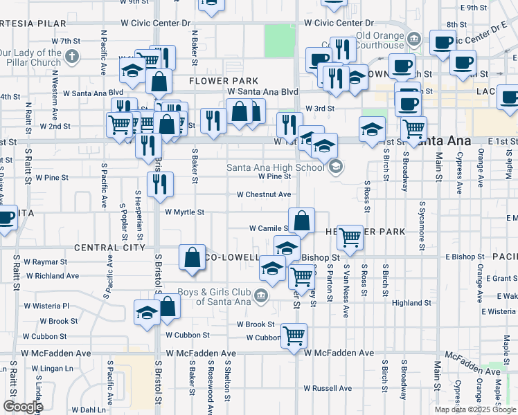 map of restaurants, bars, coffee shops, grocery stores, and more near 1008 West Chestnut Avenue in Santa Ana