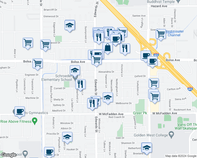 map of restaurants, bars, coffee shops, grocery stores, and more near 6512 Oxford Drive in Huntington Beach