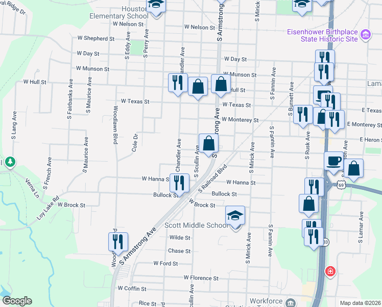 map of restaurants, bars, coffee shops, grocery stores, and more near 915 West Murray Street in Denison