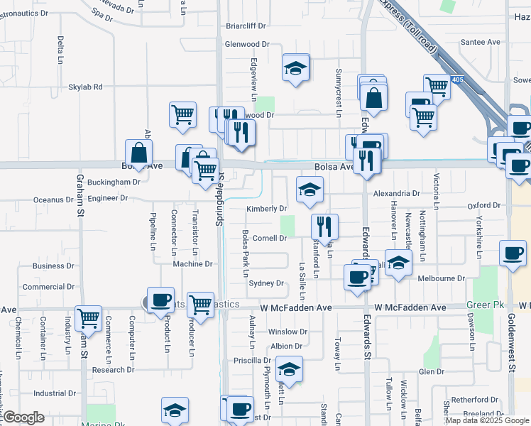 map of restaurants, bars, coffee shops, grocery stores, and more near 6142 Kimberly Drive in Huntington Beach