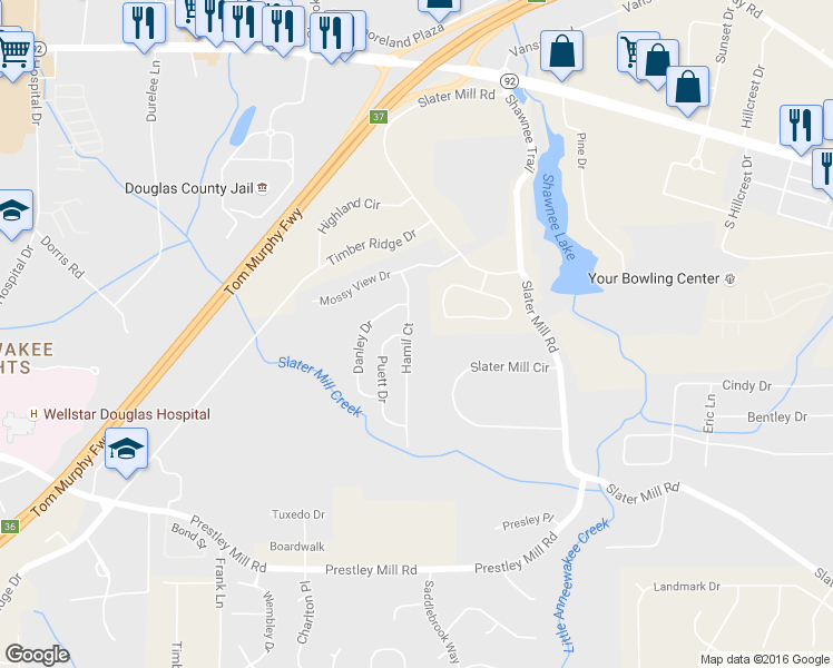 map of restaurants, bars, coffee shops, grocery stores, and more near 8728 Hamil Court in Douglasville