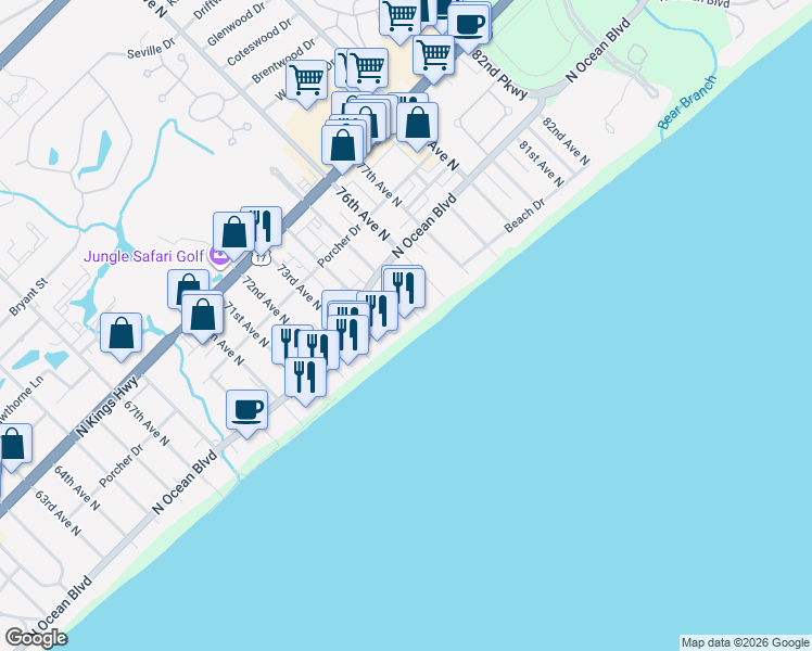 map of restaurants, bars, coffee shops, grocery stores, and more near 201 75th Avenue North in Myrtle Beach