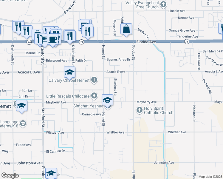 map of restaurants, bars, coffee shops, grocery stores, and more near 26144 Wander Lust Drive in Hemet
