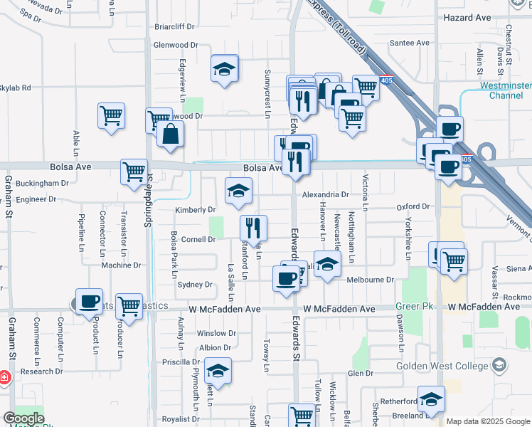 map of restaurants, bars, coffee shops, grocery stores, and more near 6382 Yale Circle in Huntington Beach