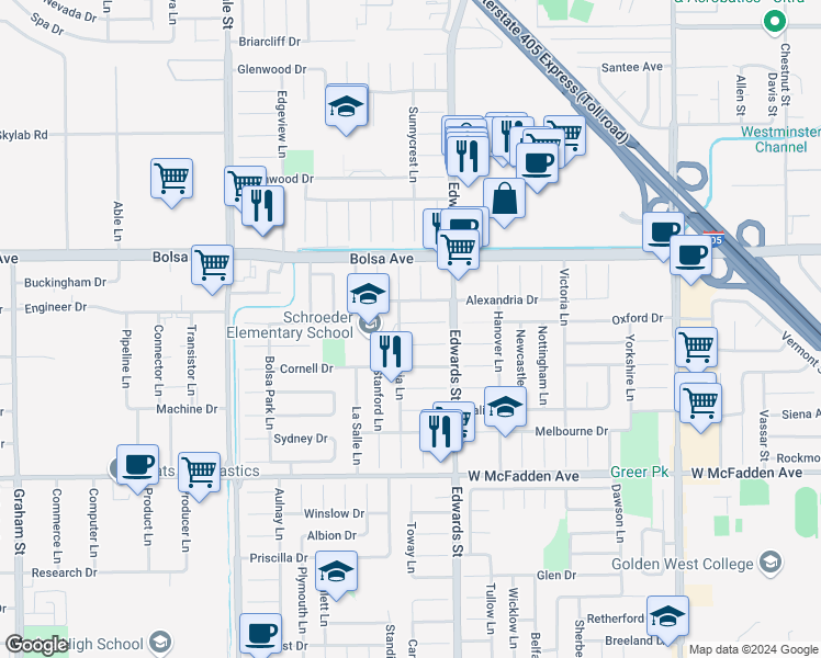 map of restaurants, bars, coffee shops, grocery stores, and more near 6382 Yale Circle in Huntington Beach