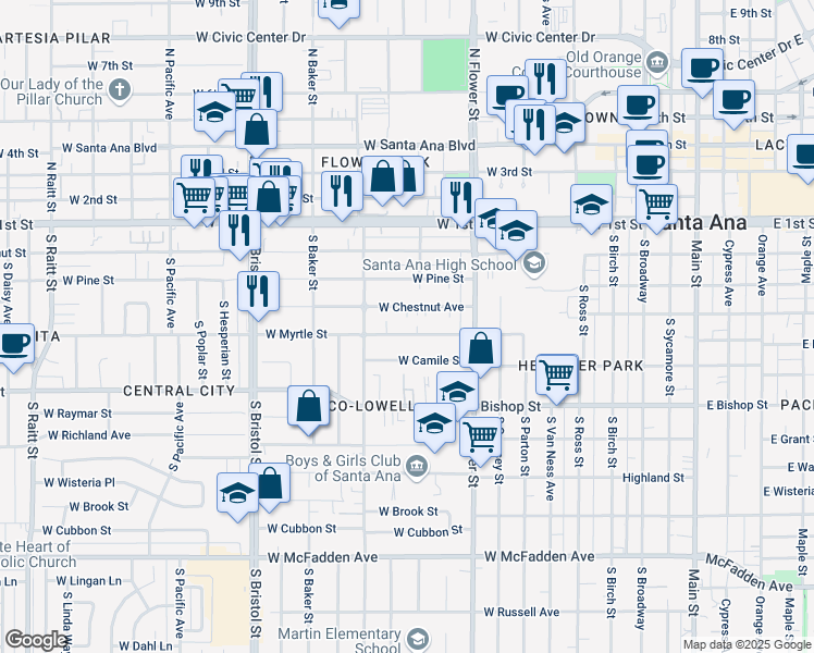 map of restaurants, bars, coffee shops, grocery stores, and more near 1011 West Myrtle Street in Santa Ana