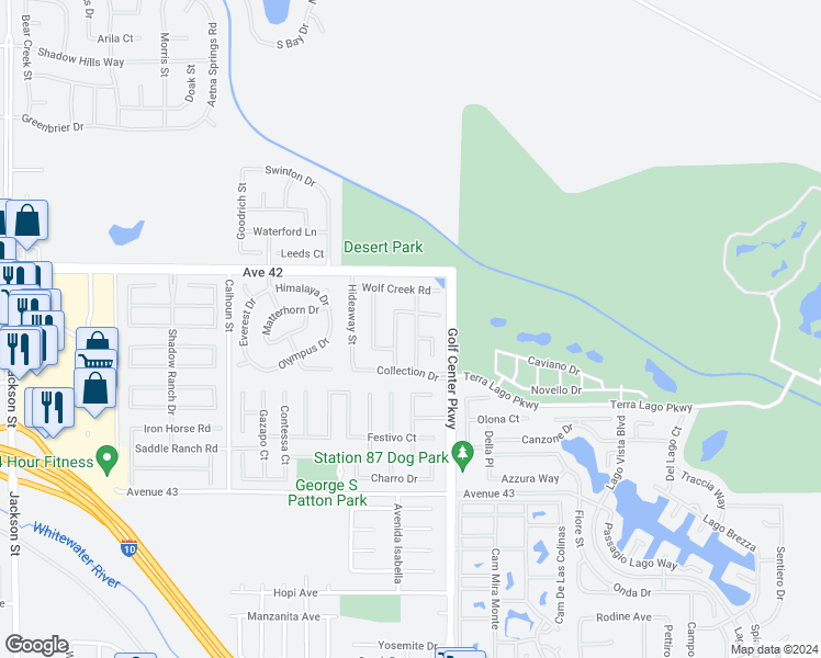 map of restaurants, bars, coffee shops, grocery stores, and more near 42269 Whisper Rock Street in Indio