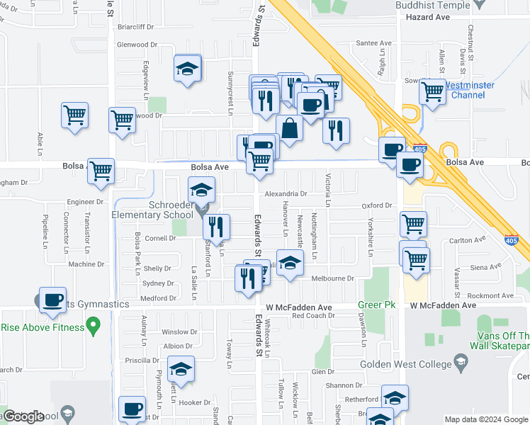 map of restaurants, bars, coffee shops, grocery stores, and more near 6512 Oxford Drive in Huntington Beach