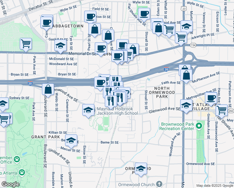 map of restaurants, bars, coffee shops, grocery stores, and more near 382 Bill Kennedy Way Southeast in Atlanta
