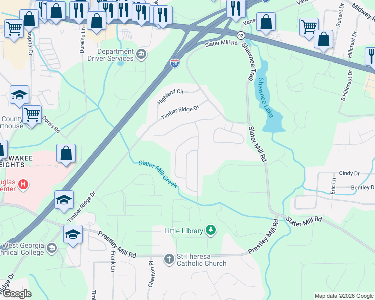 map of restaurants, bars, coffee shops, grocery stores, and more near 8719 Puett Drive in Douglasville