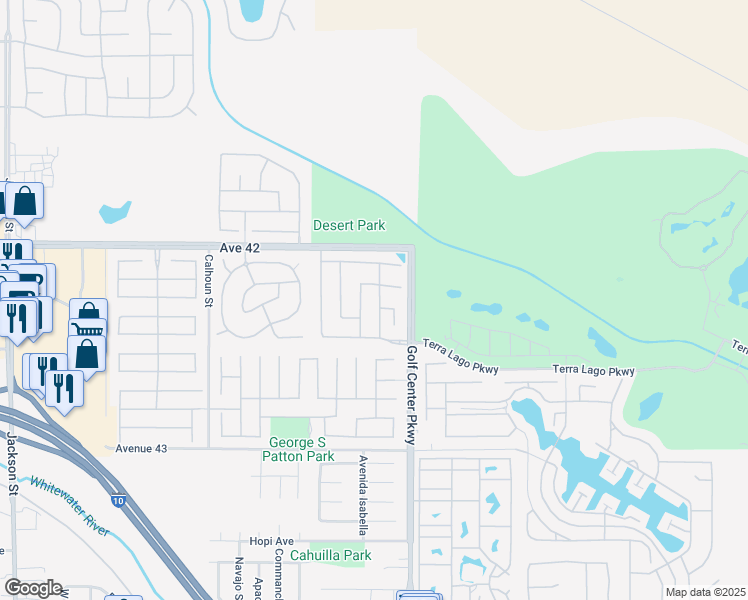 map of restaurants, bars, coffee shops, grocery stores, and more near 42269 Whisper Rock Street in Indio
