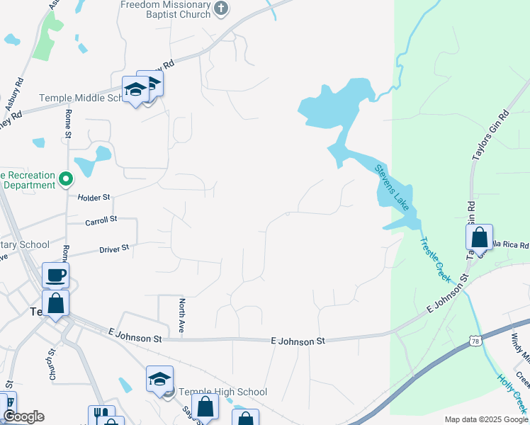 map of restaurants, bars, coffee shops, grocery stores, and more near 200 Ivey Lake Parkway in Temple
