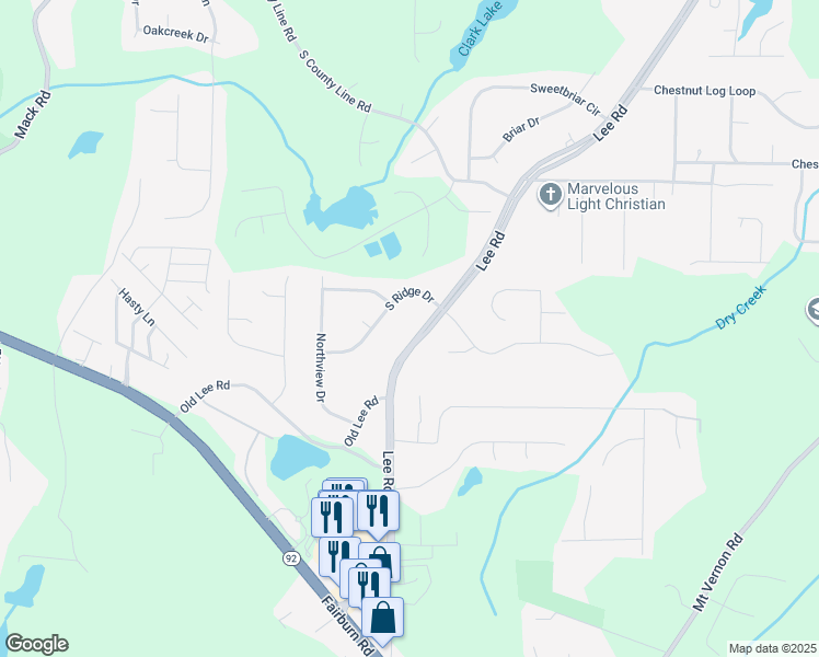 map of restaurants, bars, coffee shops, grocery stores, and more near 8755 Lee Road in Lithia Springs