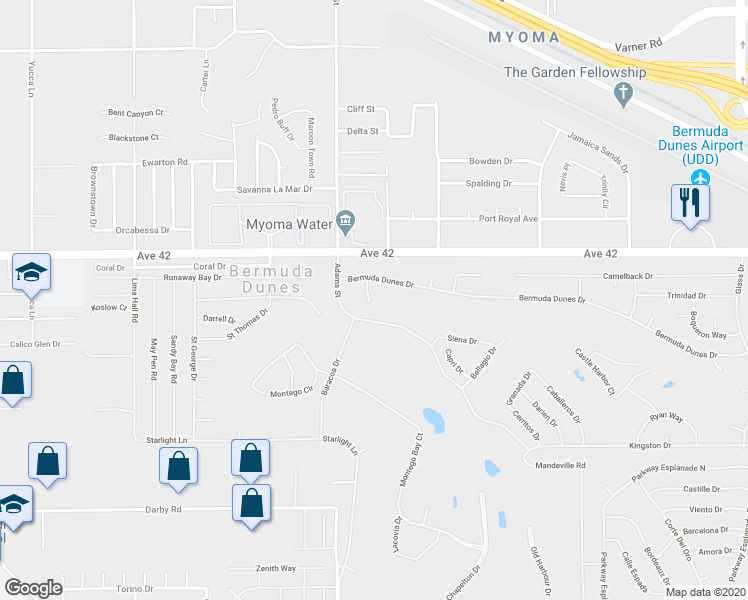 map of restaurants, bars, coffee shops, grocery stores, and more near 79075 Bermuda Dunes Drive in Bermuda Dunes