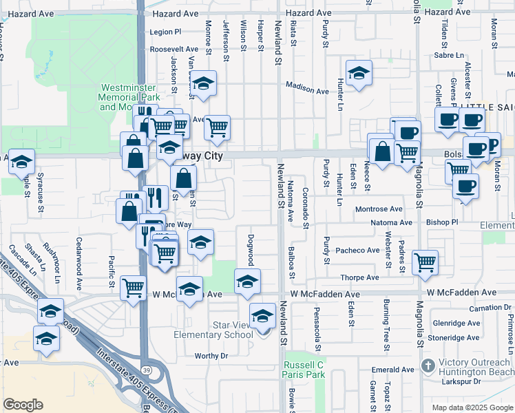map of restaurants, bars, coffee shops, grocery stores, and more near 8421 Sandalwood Circle in Westminster