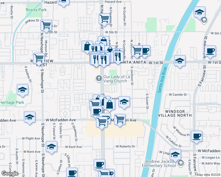 map of restaurants, bars, coffee shops, grocery stores, and more near 317 South Harbor Boulevard in Santa Ana