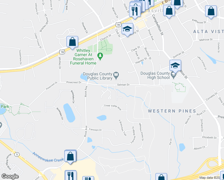 map of restaurants, bars, coffee shops, grocery stores, and more near 8809 West Chase Drive in Douglasville